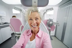 senior woman smiling while sitting at a dentist's clinic, highlighting the benefits of Pyralvex use.