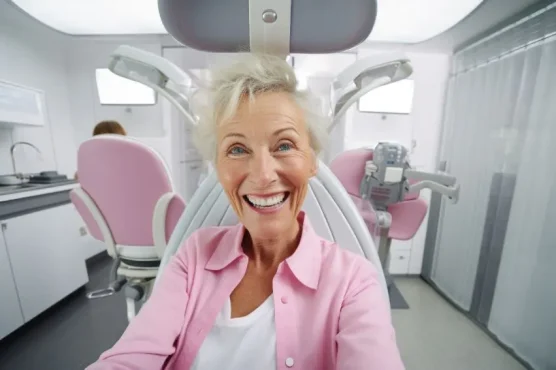 senior woman smiling while sitting at a dentist's clinic, highlighting the benefits of Pyralvex use.