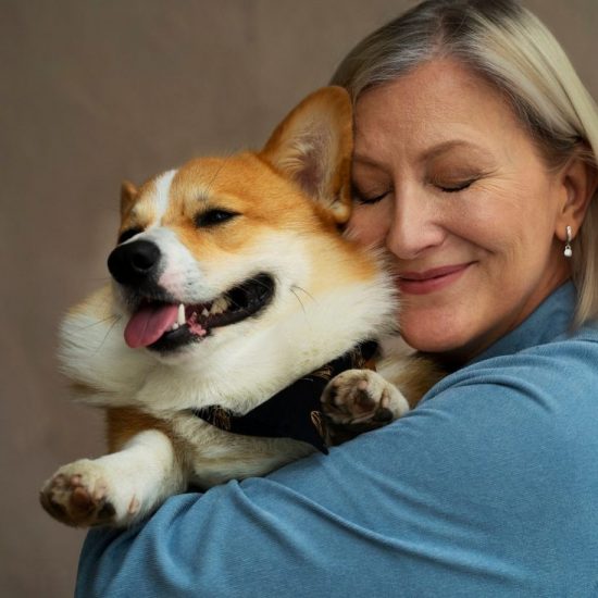 Senior woman tenderly holding a small pet dog - Tresaderm for dogs