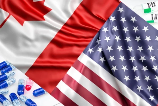 An image featuring the Canadian flag and the US flag with various medications, highlighting the option to import Canadian drugs