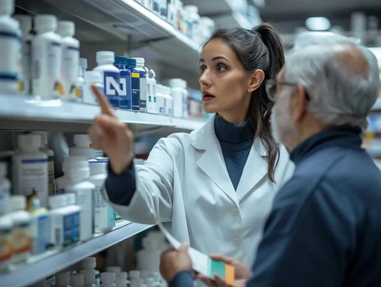 Female pharmacist helping senior man find over the counter adhd medication