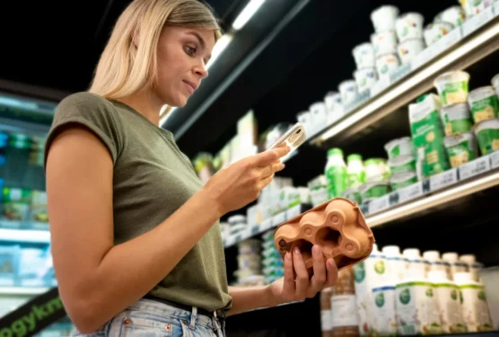 Woman reading about over the counter medication on her smartphone