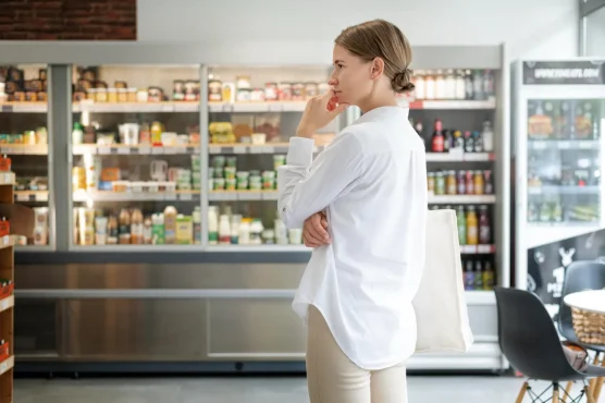 Woman staring at over the counter medication aisle in a drugstore