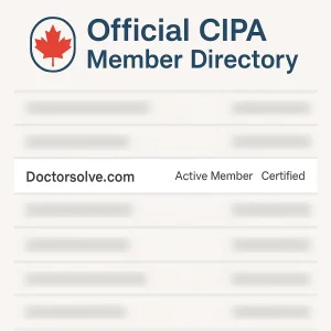 Screenshot of the official CIPA Canadian pharmacy member directory showing Doctorsolve.com highlighted as an active certified member.