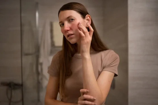 Woman with visible rosacea redness examining her face in the mirror, highlighting the impact of skin conditions and the importance of finding affordable treatments such as understanding Soolantra price options.
