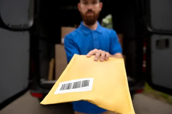 Delivery worker handing a package to a customer, representing a Canadian pharmacy that ships to the US.