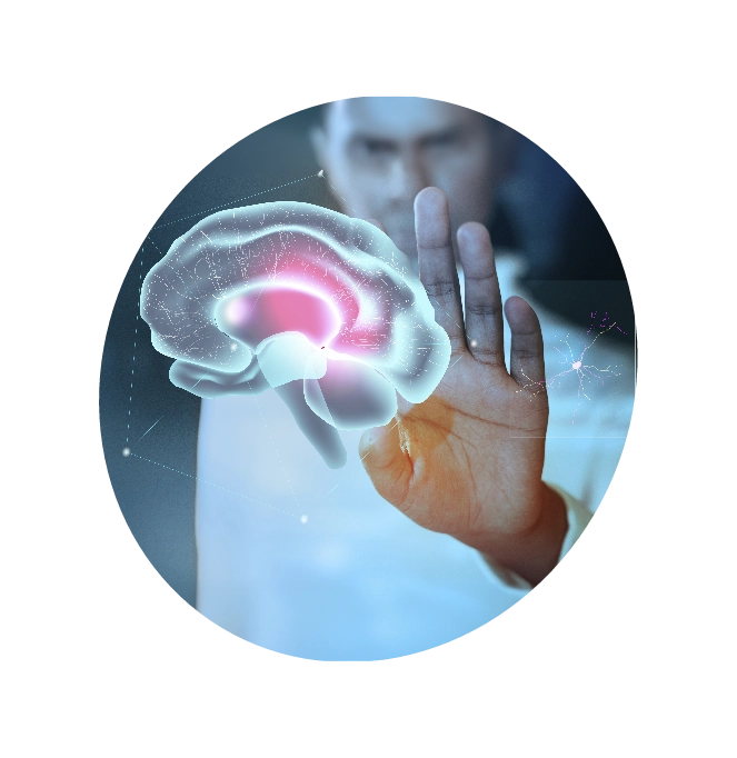 Man's palm facing toward a 3D image of Epilepsy brain waves.
