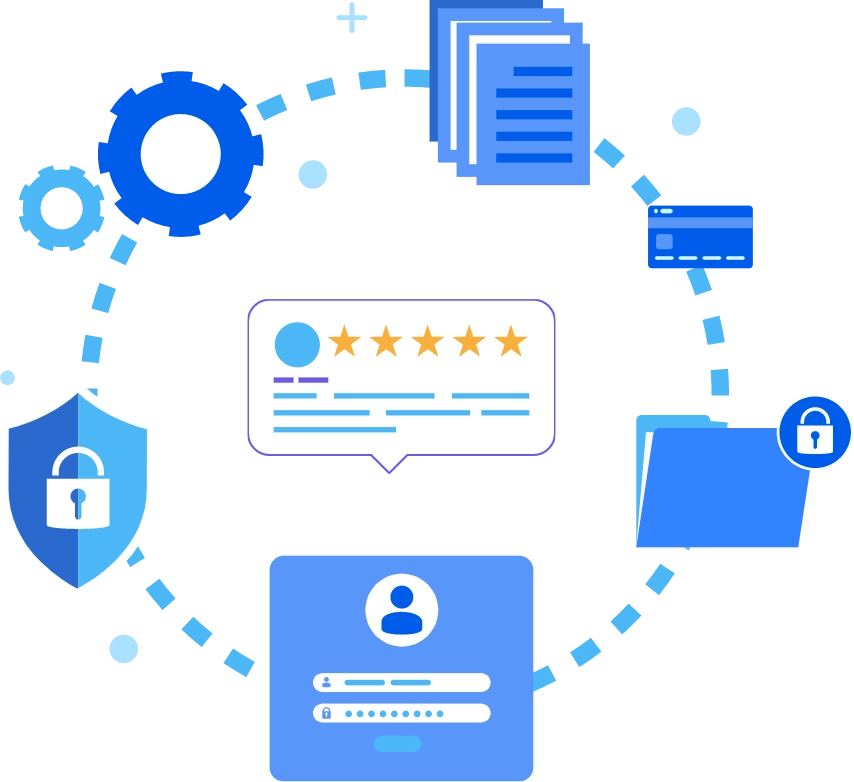 A circle of icons with a logo and icons around it, representing the trustworthiness of an online Canadian pharmacy.