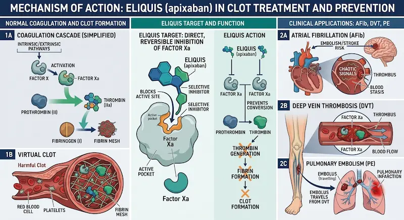 A detailed medical infographic illustrating how Eliquis (apixaban) works as a Factor Xa inhibitor to treat and prevent blood clots in atrial fibrillation (AFib), deep vein thrombosis (DVT), and pulmonary embolism (PE). The diagram shows the coagulation cascade, Eliquis blocking the active site of Factor Xa to prevent thrombin generation, and the three clinical applications with anatomical diagrams.