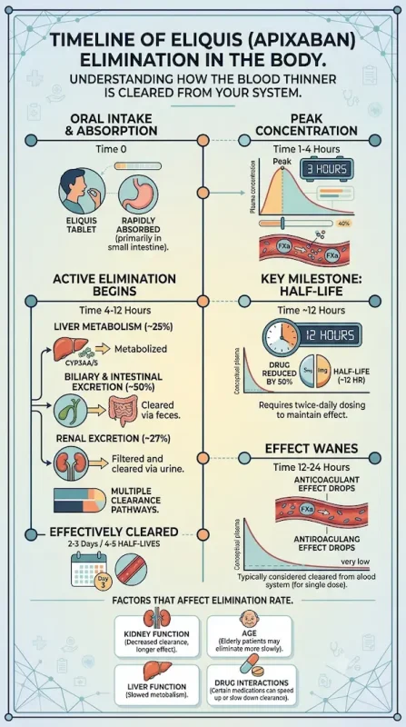 Infographic timeline showing how long Eliquis stays in the system and its elimination process from peak concentration to final clearance.